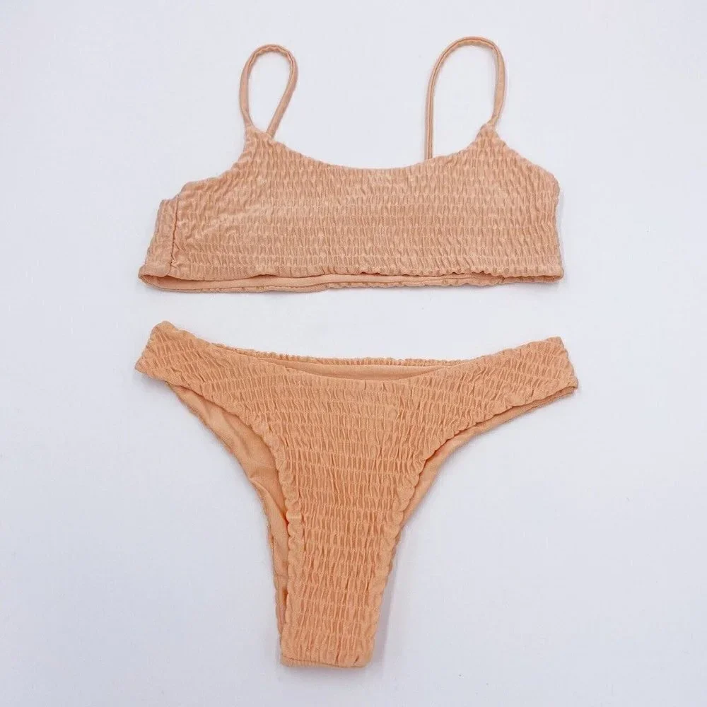 Shein High Waisted Bikini Peach Scrunched Size Small Spaghetti Straps Never Worn